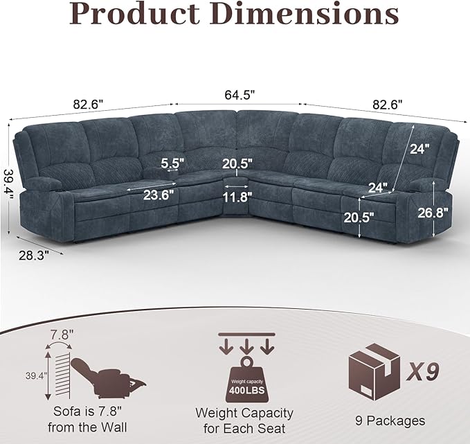 Manual Reclining Sectional Sofa Set, 7 Seats Soft Fabric Recliner Corner Sectional Couch, Family-Sized L-Shaped Recliner Couch with USB Charging, Thickened Padding, Sturdy Frame, Blue