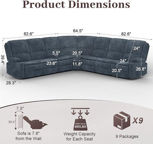 Manual Reclining Sectional Sofa Set, 7 Seats Soft Fabric Recliner Corner Sectional Couch, Family-Sized L-Shaped Recliner Couch with USB Charging, Thickened Padding, Sturdy Frame, Blue