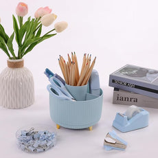 SKYDUE Desk Organizers and Accessories 10Pcs, 360-Degree Rotating Pen Holder, Stapler, Staple Remover, Tape Dispenser,2pcs Tape Refills, Binder Paper Clips Kit, Scissor (Blue)