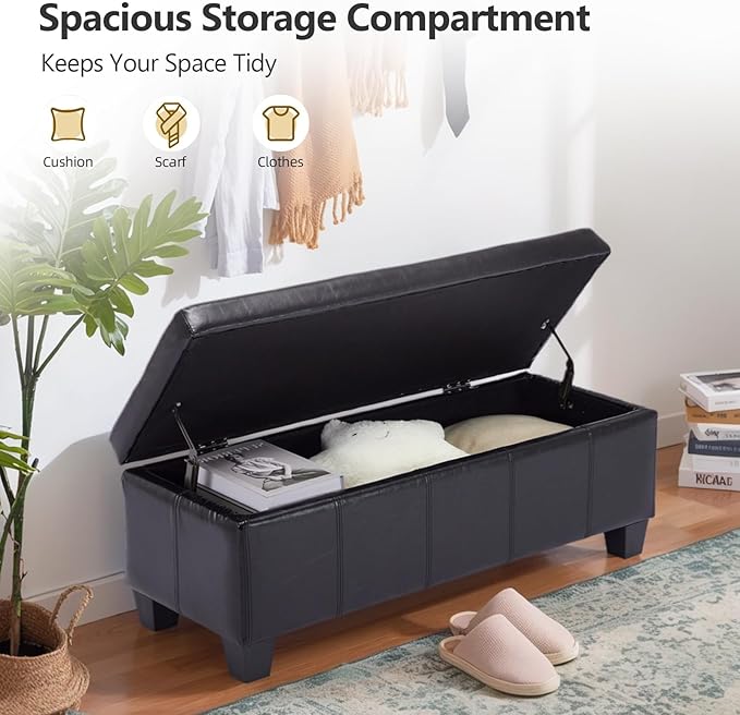 Faux Leather Storage Ottoman Bench with Hinged Lid,42 Inch Large Rectangular Footrest Stool for Bedroom End of Bed, Entryway and Living Room, Padded Seat Shoe Bench, Black