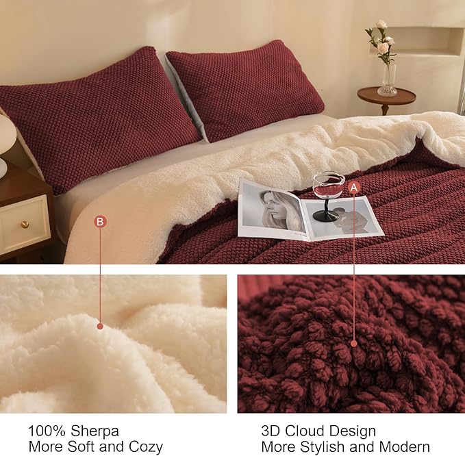 3D Jacquard Design Comforter Set, Ultra-Soft Warm Queen Size Sherpa Fur Plush 3-Pieces Sets Luxury Cozy Bedding with 2 Pillowcases (90"x90", Burgundy)