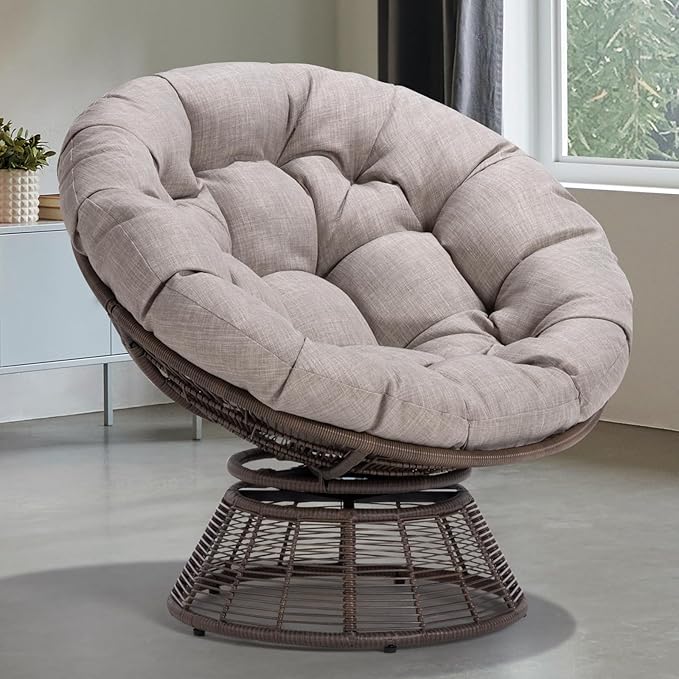 Bme 40" Ergonomic Wicker Papasan Chair with Soft Thick Density Fabric Cushion, Bee-Designed Base, High Capacity Steel Frame, 360 Degree Swivel for Living, Bedroom, Reading Room,...