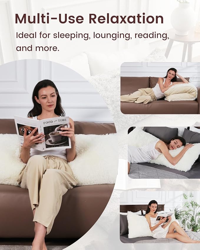 ZonLi Fuzzy Body Pillow Cover, 20"x 54" Pillowcase, Faux Fur Long Pillow Cover with Zipper, Fluffy Soft Plush Decorative Cases for Bedroom (White)