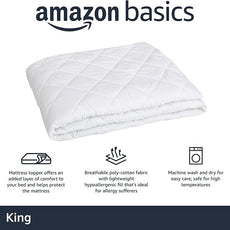 Amazon Basics Hypoallergenic Quilted Breathable Mattress Topper Pad, 18 Inches Deep, King Size, White