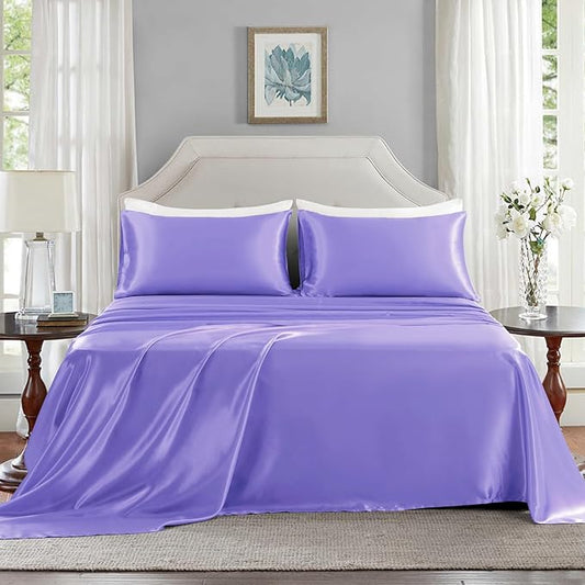 Satin Sheets Queen Size - 4 Pieces Luxury Silky Soft Bed Sheets, Wrinkle-Free Lavender Satin Silk Sheet Set with 1 Deep Pocket Fitted Sheet, 1 Flat Sheet, 2 Pillow Cases