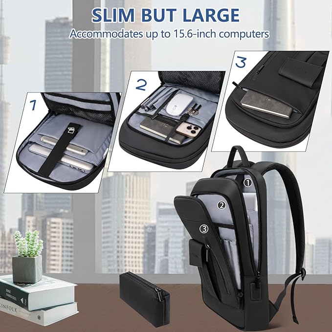 Business Backpack for Men Slim Lightweight Laptop Backpack Water Resistant Small Office Backpack for Commute Travel Daily Office Work with Small Bag (Black)