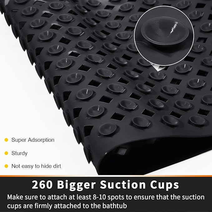 Yimobra Bathtub Mat Non Slip, Super Strong Suction Cups, 27.5"x15.5" Long Shower Mat with Drain Holes, Machine Washable Fast Draining Bath Mats, Bathroom Essentials,Black