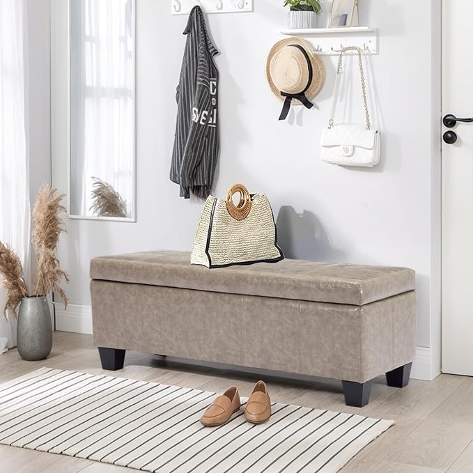 Faux Leather Storage Ottoman Bench with Hinged Lid,42 Inch Large Rectangular Footrest Stool for Bedroom End of Bed, Entryway and Living Room, Padded Seat Shoe Bench, Grey