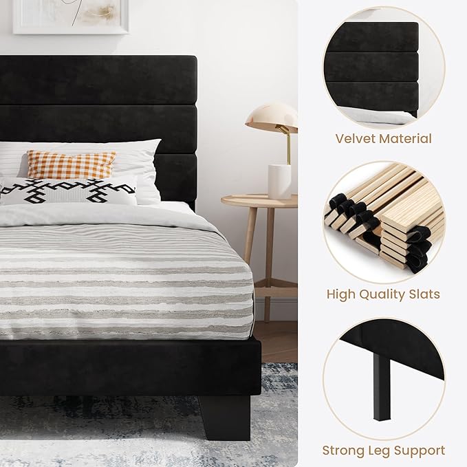 SHA CERLIN Twin Platform Bed Frame with Velvet Upholstered Headboard, Mattress Foundation with Strong Wooden Slats Support, No Box Spring Needed, Black