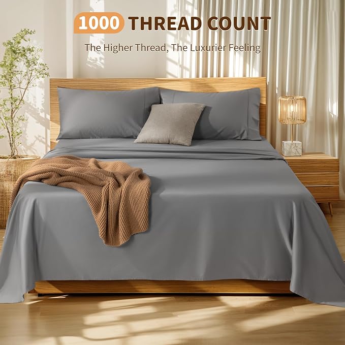 LBRO2M 100% Cotton Sheets Set Deep Pocket 19", 1000 Thread Count King Size 4 Piece Bed Sheet Sets Soft Comfortable Bedding All Season (King, Gray) LBRO2MBedding