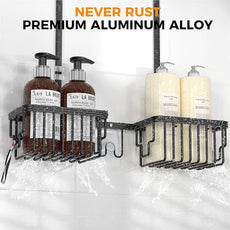 REINHARDT Aluminum Shower Caddy Hanging Adjustable Shower Caddy, Rustproof Hanging Shower Organizer with Hooks Soap Holders, Over Shower Head Caddy for Handheld Showerhead, Black