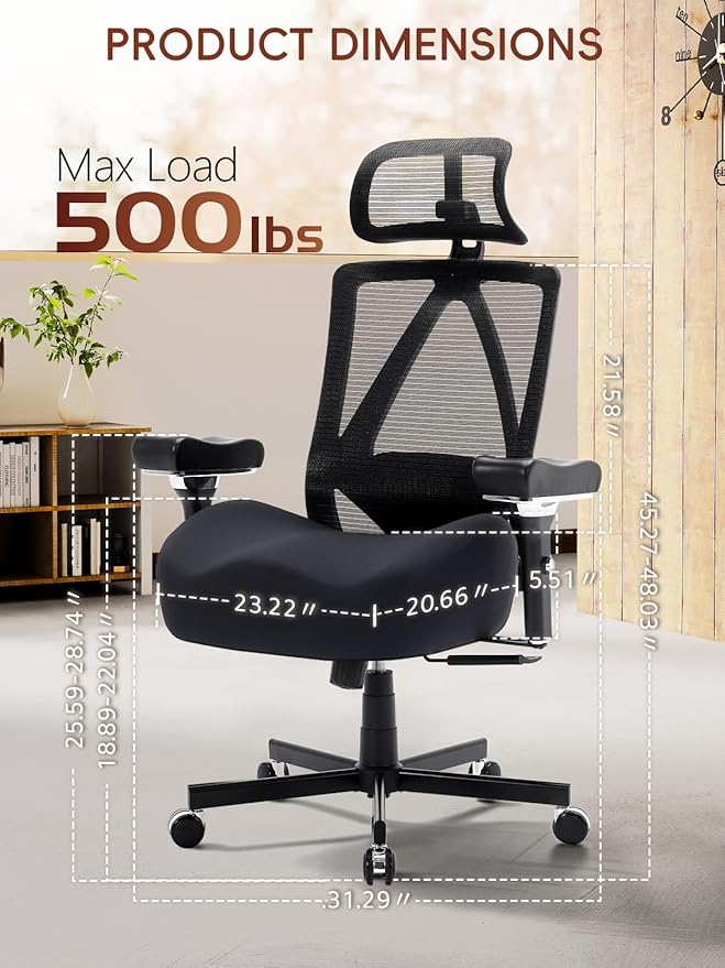 Big and Tall Office Chair 500lbs, Ergonomic Desk Chair with W Wide Thick Cushion, Executive Mesh Office Chair with Adjustable Headrest, Lumbar, 4D Armrest, Computer Task Chairs for Heavy People, Black