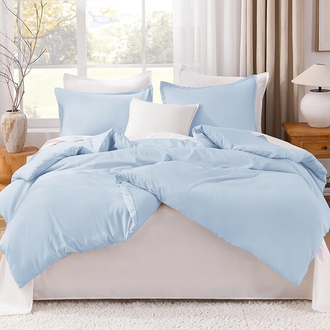 Litanika Comforter Set, Lightweight Solid Bedding Comforter Set, Fluffy Down Alternative Bed Set, Light Blue, California King