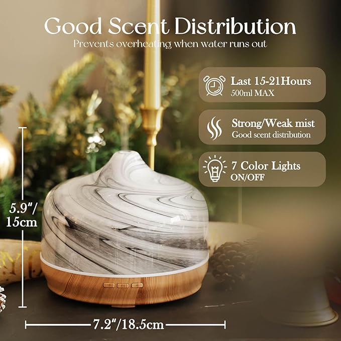 Porseme 500ml Glass Essential Oil Diffuser Aromatherapy Ultrasonic Cool Mist Humidifier 15-21 Running Hours Waterless Auto-Off Air Diffusers for Sleeping,Yoga,Office Working,Spa and Rest (Ink)