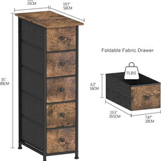 GiftGo Narrow Dresser Vertical Slim Dresser Chest of Drawers Skinny Storage Tower for Small Spaces Gaps Closet Bedroom Bathroom Small Fabric Drawer Unit (Rustic Brown, 5 Drawers)