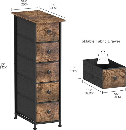 GiftGo Narrow Dresser Vertical Slim Dresser Chest of Drawers Skinny Storage Tower for Small Spaces Gaps Closet Bedroom Bathroom Small Fabric Drawer Unit (Rustic Brown, 5 Drawers)