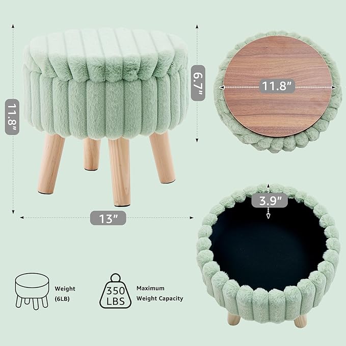 Wimarsbon Storage Ottoman,Soft Faux Fur Footstool with Padded Seat, Small Reading Vanity Chair, Footrest with Wood Tray for Couch, Mini Coffee Table or Display Stand (Light Green, Round Storage)