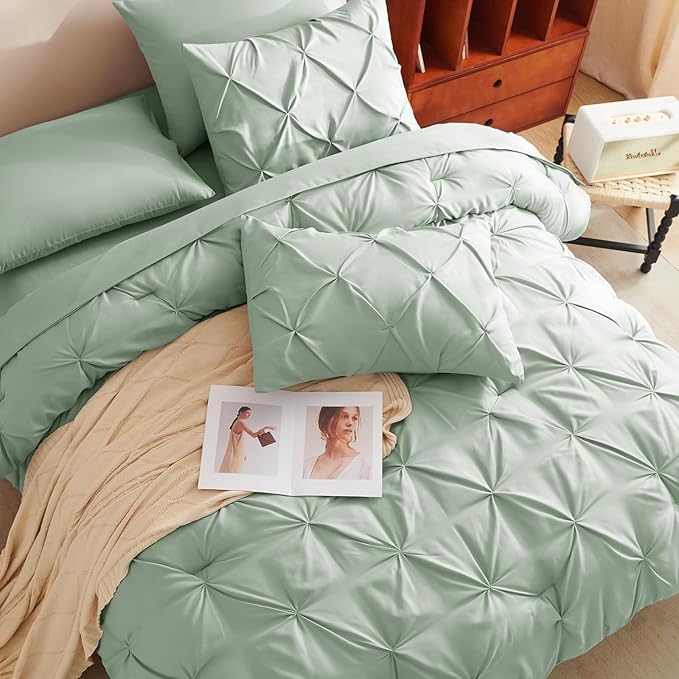 CozyLux Queen Comforter Set Sage Green, 7 Pieces Pintuck Bed in A Bag, Premium Green Comforter Queen Size, Pinch Pleat Bedding Sets with Comforter, Sheets, Pillowcases & Shams