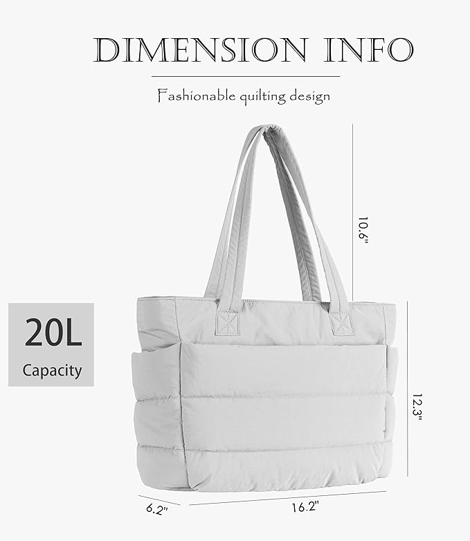 Puffer Tote Bag for Women, Cute Quilted Carryall with Zippered Compartments Shoulder Bag Handbag for Work, Travel, Gym