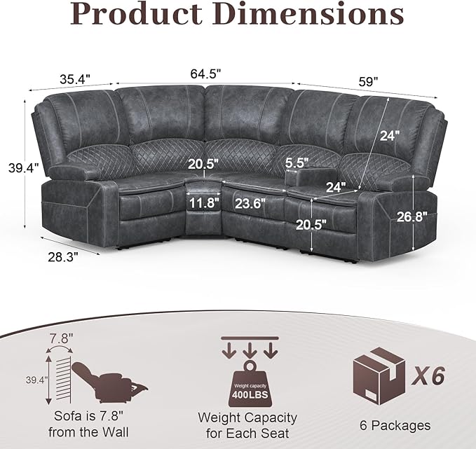 Manual Reclining Sectional Sofa Set, 4 Seats Soft Dutch Velvet Recliner Corner Sectional Couch, Family-Sized L-Shaped Recliner Couch with USB Charging, Thickened Padding, Sturdy Frame, Grey