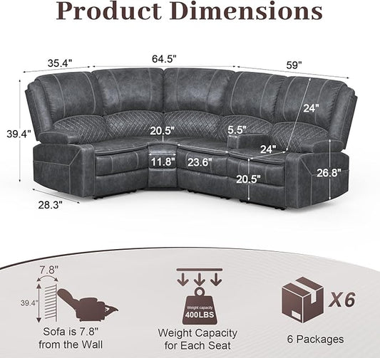 Manual Reclining Sectional Sofa Set, 4 Seats Soft Dutch Velvet Recliner Corner Sectional Couch, Family-Sized L-Shaped Recliner Couch with USB Charging, Thickened Padding, Sturdy Frame, Grey