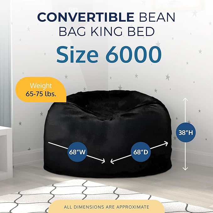 Ultimate Sack 6000 6-Foot Bean Bag Chair, Black Fur Cover – Oversized Foam Lounger, Floor Seat, Small Sofa, or Couch Bed for Living Area, Gaming Room, or Reading Lounge