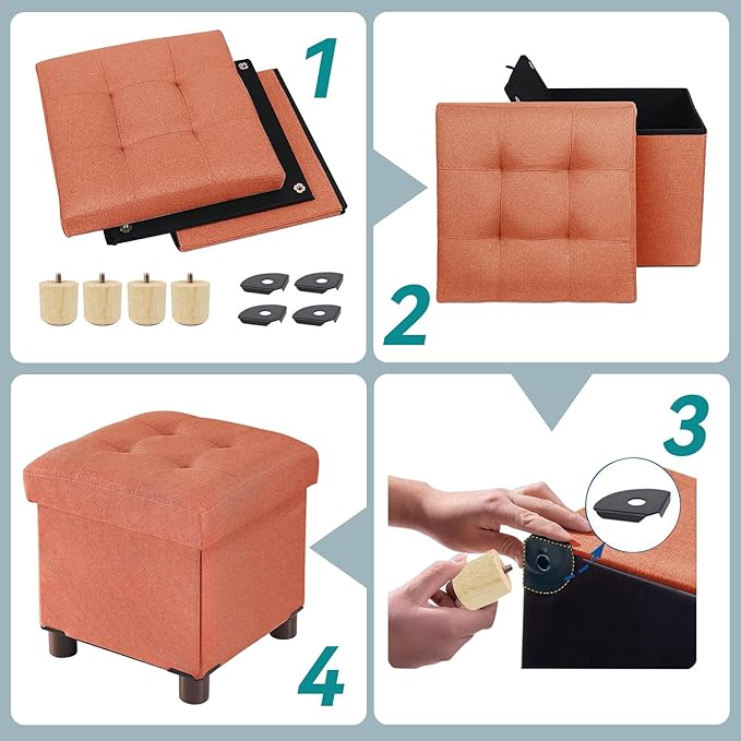 BRIAN & DANY Small Ottoman with Storage, Small Storage Ottoman, Folding Foot Stool with Wood Legs for Living Room and Bedroom Linen Rest Seat, 12.6"x12.6"x12.8" - Orange