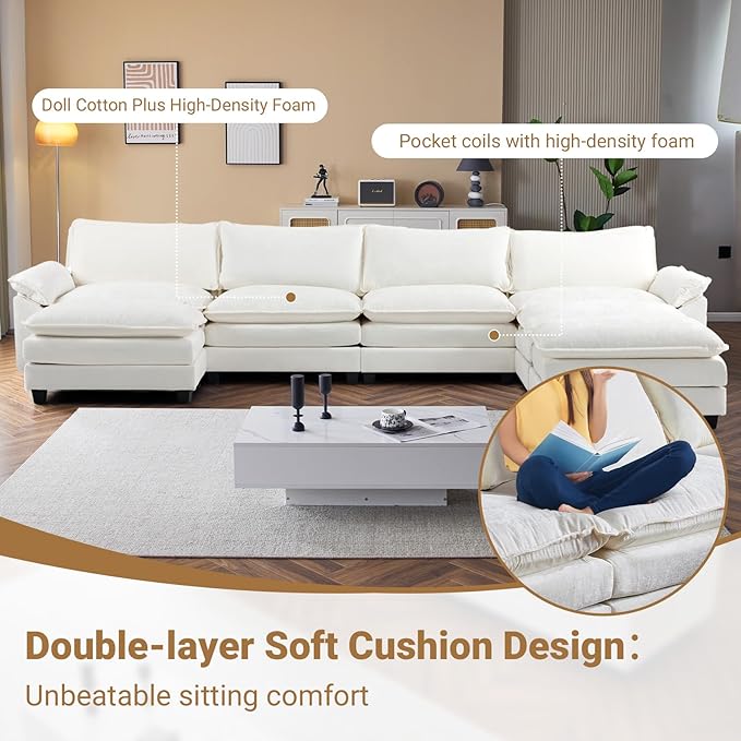 VINGLI 157" Cloud White/Cream Convertible Sectional Sofa, Comfy U-Shape Extra Deep Seat Sofa Couch for Living Room,Modern Chenille 4-Seat Convertible Sofa with 3 Movable Ottomans for Small Space