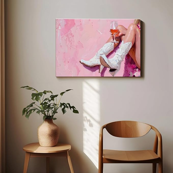 Cowgirl Boots Wall Art Coastal Cowgirl Wall Decor Aesthetic Cowboy Boots with Wine Glass Picture Pink Cowgirl Western Aesthetic Decor Trendy Preppy Girls Room Decor for Bedroom Dorm Framed 16 X 24 in