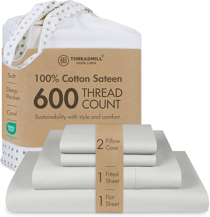 Threadmill 100% Cotton Sheets for King Size Bed - 600 Thread Count King Bed Sheets Set with 16” Deep Pocket - Sateen Weave 4-Piece Bedding Set with Cooling Effect, Light Grey