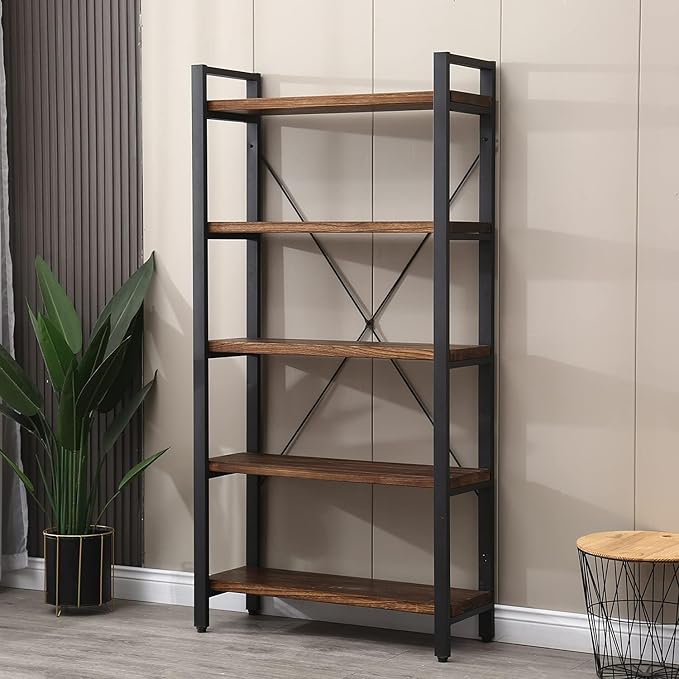5 Tier Bookcase, Solid Wood Bookshelf Rustic Vintage Industrial Etagere Bookcase, Metal and Wood Free Vintage Bookshelf, Retro Brown (5-Tiers)