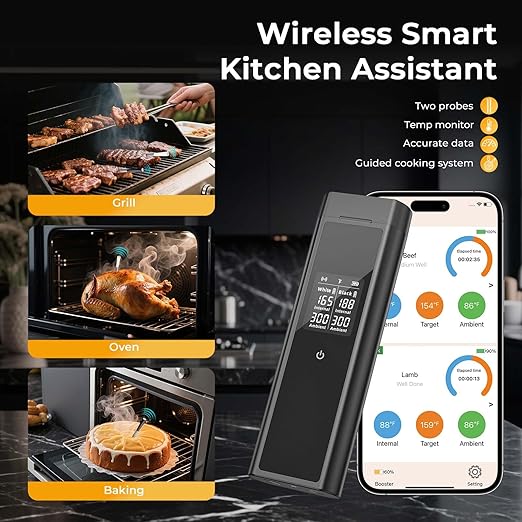 BlueSwan Bluetooth Meat Thermometer Digital, Food Thermometer Wireless 820 ft Range with 2 Color Probes with APP for Grill, Smoker, Oven, Magnetic Design for Cooking, BBQ, Valentines Day Gifts for Him