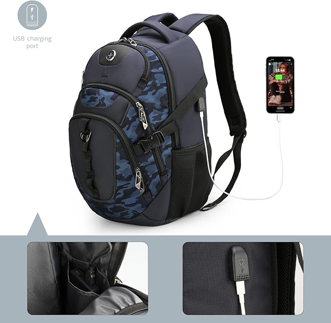 Swissdigital Design Laptop Backpack with USB Charging Port, Travel Backpack Fits 15.6 inches Computer, 31L College School Backpack for Men, Blue Camo | SD803-92