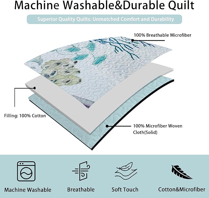 Tritard 3 Piece Coastal Beach Quilt Set Full/Queen Size Ocean Beach Themed Bedding Set Microfiber Lightweight Bedspread Coverlet with 2 Shams Starfish Coral Bed Covers for All Season, 90''x96''