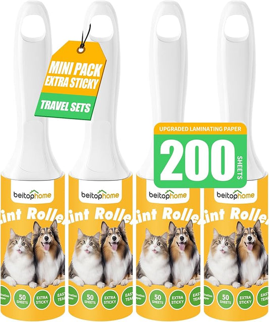 Extra Sticky Lint Roller for Pet Hairs 200 Sheets Lint Rollers for Travel 4 Pack Tough Paper, Small Size Easy Portability, Dog and Cat Hair Lint Rollers Mega Value Set for Clothes