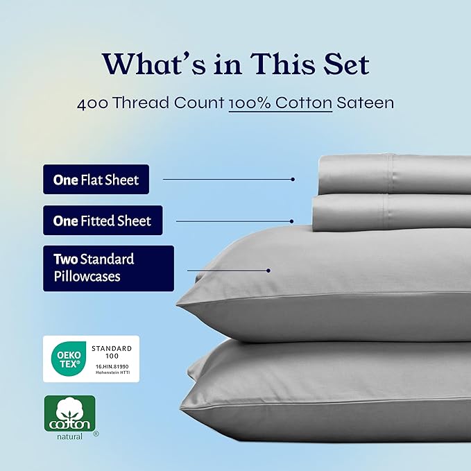 California Design Den Natural 100% Cotton Sheets, Full Size Sheets Set, 400 Thread Count Sateen Bedding, Deep Pockets with All-Around Elastic for a Snug Fit, Durable Bed Set - Light Grey CaliforniaDesignDen