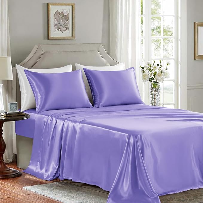 Satin Sheets Full Size - 4 Pieces Luxury Silky Soft Bed Sheets, Wrinkle-Free Lavender Satin Silk Sheet Set with 1 Deep Pocket Fitted Sheet, 1 Flat Sheet, 2 Pillow Cases