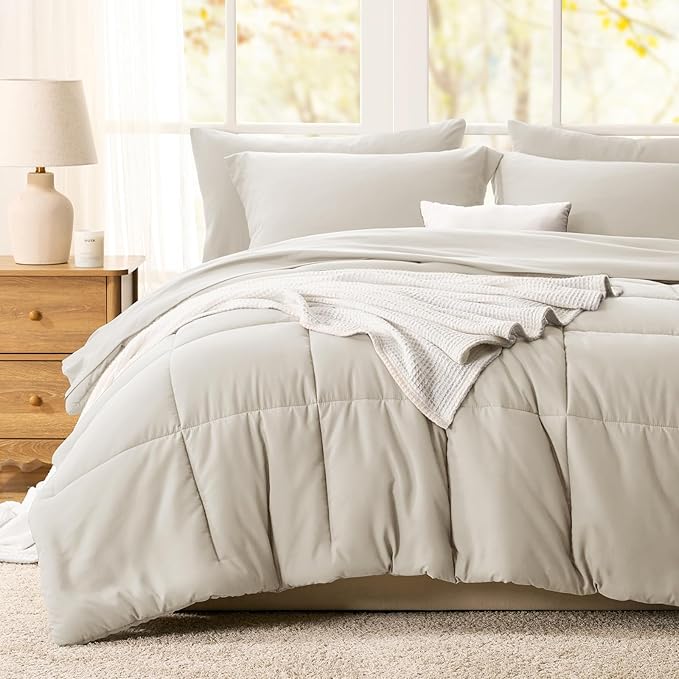 CozyLux Queen Comforter Set Beige - 7 Pieces Bed in a Bag Queen, All Season Breathable Bedding Sets, Oeko-Tex Certified Bed Set with Down Alternative Comforter, Sheets, Pillowcases & Pillow Shams