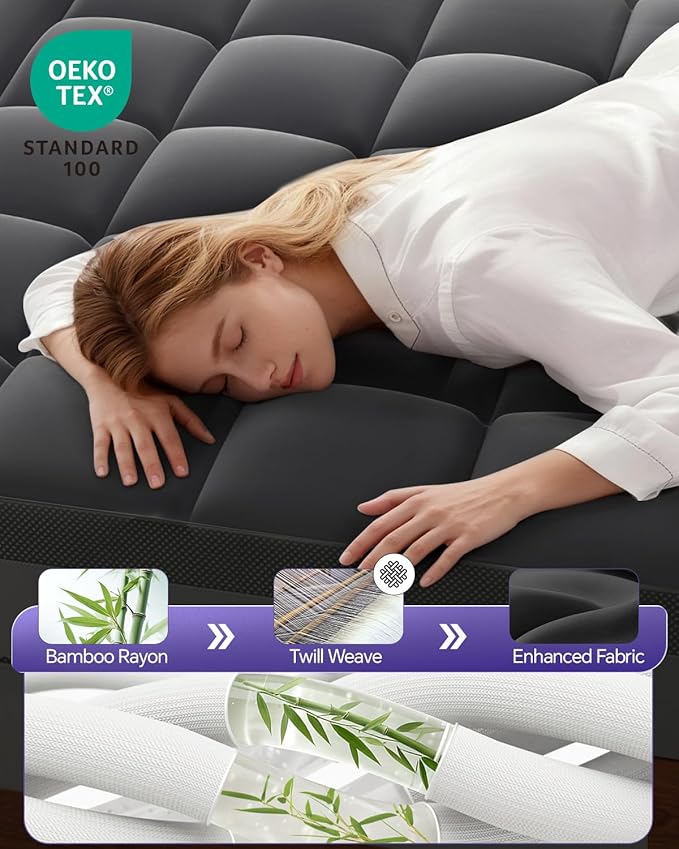 Dual Layer 5 Inch Memory Foam Mattress Topper King - 3 Inch Pillow Top Mattress Pad and 2 Inch Gel Memory Foam, 7-Zone Egg Crate King Size Mattress Topper (Black)