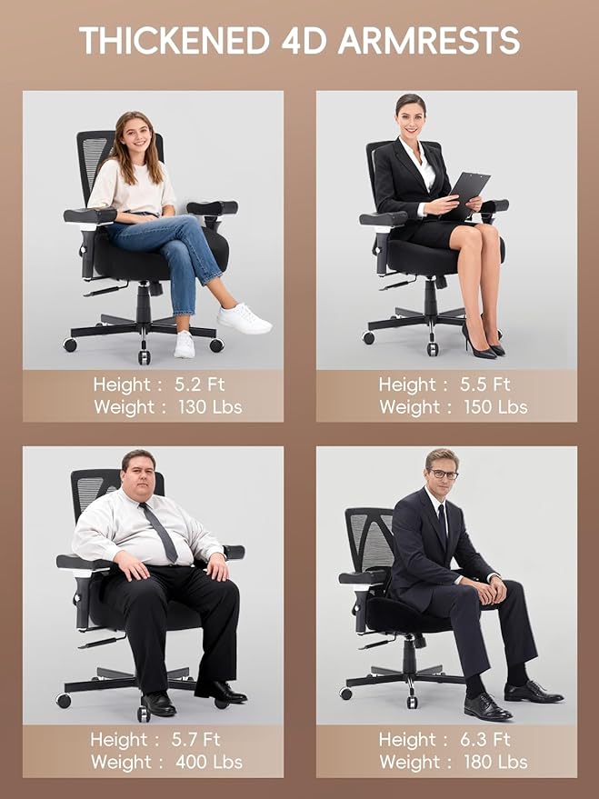 Big and Tall Office Chair 500lbs, Ergonomic Desk Chair with W Wide Thick Cushion, Executive Mesh Office Chair with Adjustable Lumbar Support & 4D Armrest, Computer Task Chairs for Heavy People, Black