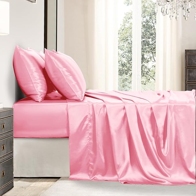 Satin Sheets Queen Size - 6 Pieces Luxury Silky Soft Bed Sheets, Wrinkle-Free Light Pink Satin Silk Sheet Set with 1 Deep Pocket Fitted Sheet, 1 Flat Sheet, 4 Pillow Cases