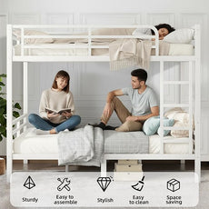 Twin XL Over Twin XL Bunk Bed, Metal Bunk Bed Frame Heavy Duty Bunk Beds Loft Bed Frame with Ladder and Guardrail Metal Slats No Box Spring Required for Adults Teens, White