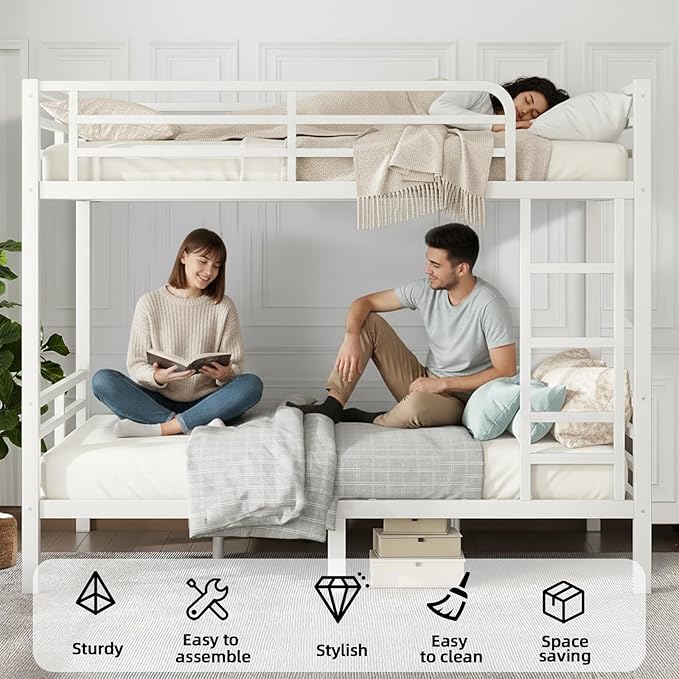 Twin XL Over Twin XL Bunk Bed, Metal Bunk Bed Frame Heavy Duty Bunk Beds Loft Bed Frame with Ladder and Guardrail Metal Slats No Box Spring Required for Adults Teens, White