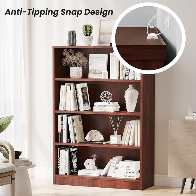 Farini 4 Shelf boockase Display Bookcase Freestanding Wooden Bookshelves for Home Office Living Room,48 Inch Height，Cherry