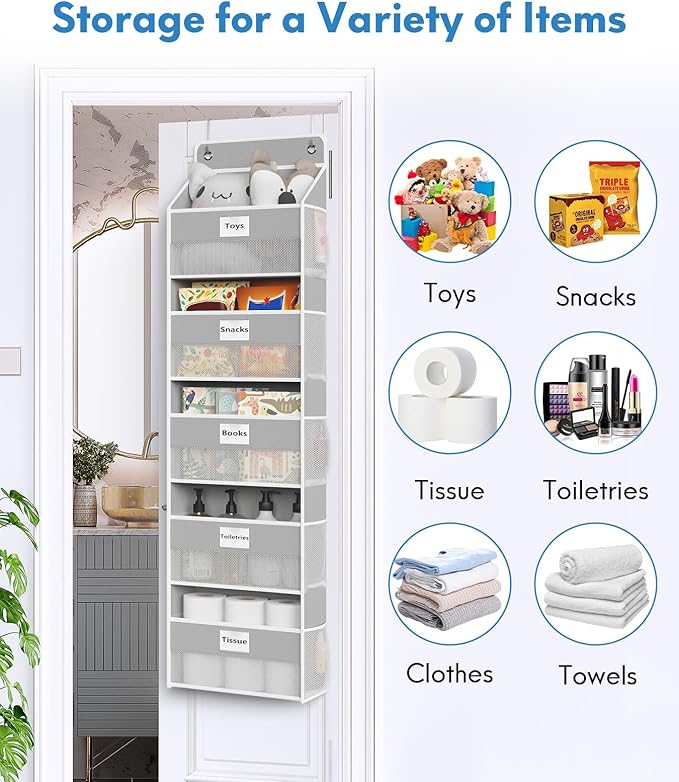 Over The Door Organizer Hanging, 2 Pack 5 Shelf Behind The Doors Storage, Pantry Door Organizer, Closet Organizers for Bedroom and Nursery (Grey)