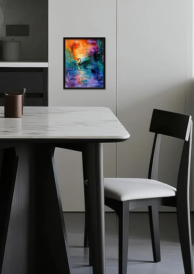 Monet Style Colorful Wall Art Prints Black Swan In The Misty Lake Poster Canvas Art Wall Decor Picture For Bedroom Dorm Office Bathroom Wall Decor Aesthetic Home Artwork 12" × 16" With Framed