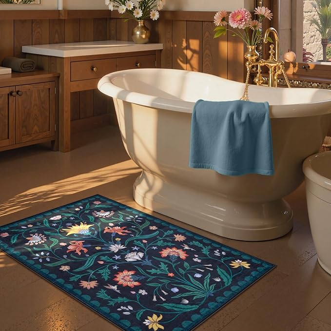 Lahome Boho Floral 2x3 Washable Kitchen Rugs for Entryway, Blue Door Mat Indoor Entrance, Small Soft Non-Slip Indoor Carpet Throw Rugs for Bathroom Laundry(Dark Blue,2x3)