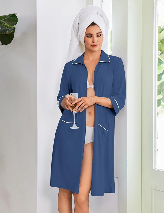 Ekouaer Zipper Robes for Women 3/4 Sleeve Housecoats Knee Length Bathrobe Lightweight Nightgown with Pockets S-3XL