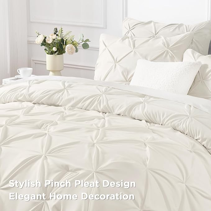 Andency Ivory Pinch Pleat Comforter Twin(66x90Inch), 2 Pieces(1 Down Alternative Comforter and 1 Pillowcase) Ivory Bed Set Microfiber Pintuck Bedding Set
