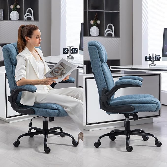 Office Chair High Back Ergonomic Executive Computer Desk Chair Comfortable Fabric Padded Home Office Desk Chairs with Flip-up Arm Rest Adjustable Height Swivel Wheels (Blue)